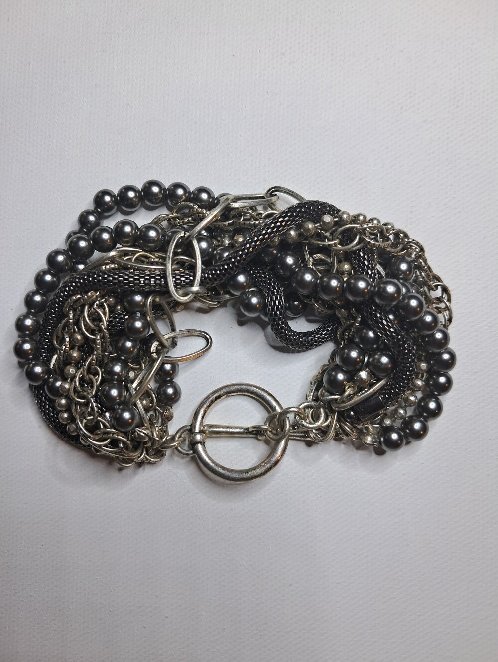 Vintage Multi Chain Silver & Gunmetal Tones Bracelet Beaded Ball Toggle Clasp